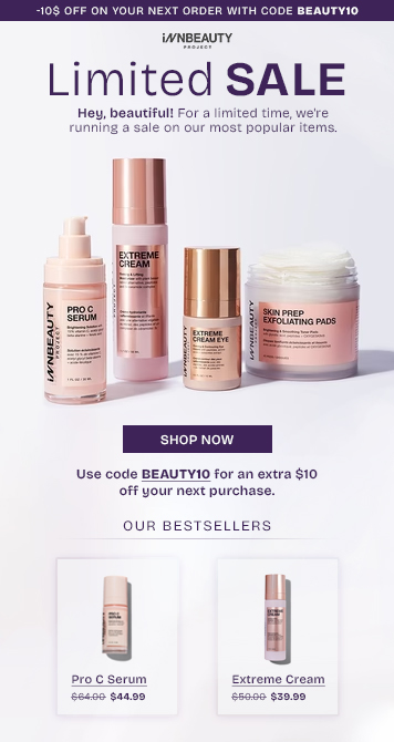 iNBEAUTY skincare sale campaign email designed by Bold Mails
